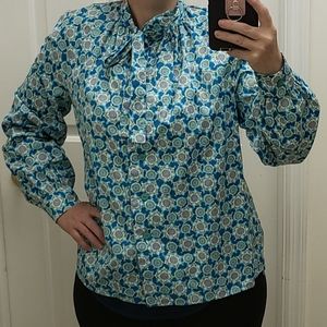 Vintage Blue Floral Woman's Long Sleeve Button Down Shirt Blouse High Neck M